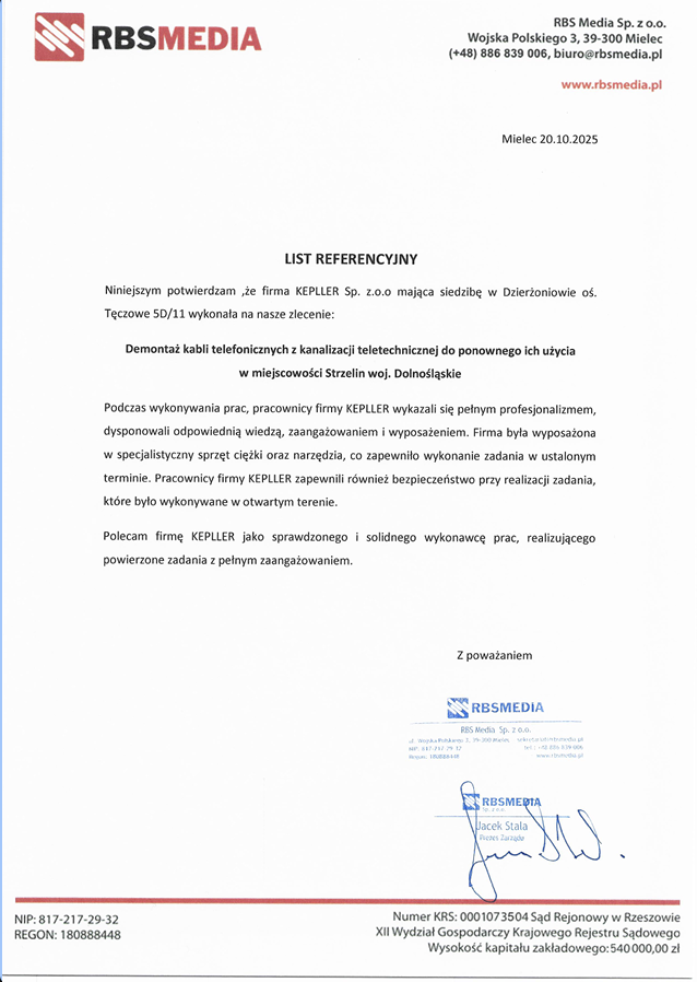 List referencyjny — RBS Media Sp. z o.o.